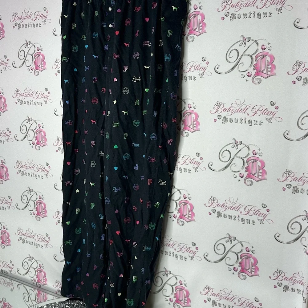 Victoria secret pink pj bottoms shiny shimmer logo print black multi color